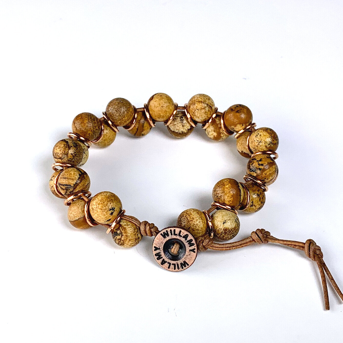 picture jasper bracelet, natural stone bracelet, brown stone bracelet, willamy, willamy collection, beaded bracelet, wrap bracelet, leather bracelet, leather wrap bracelet, gemstone bracelet