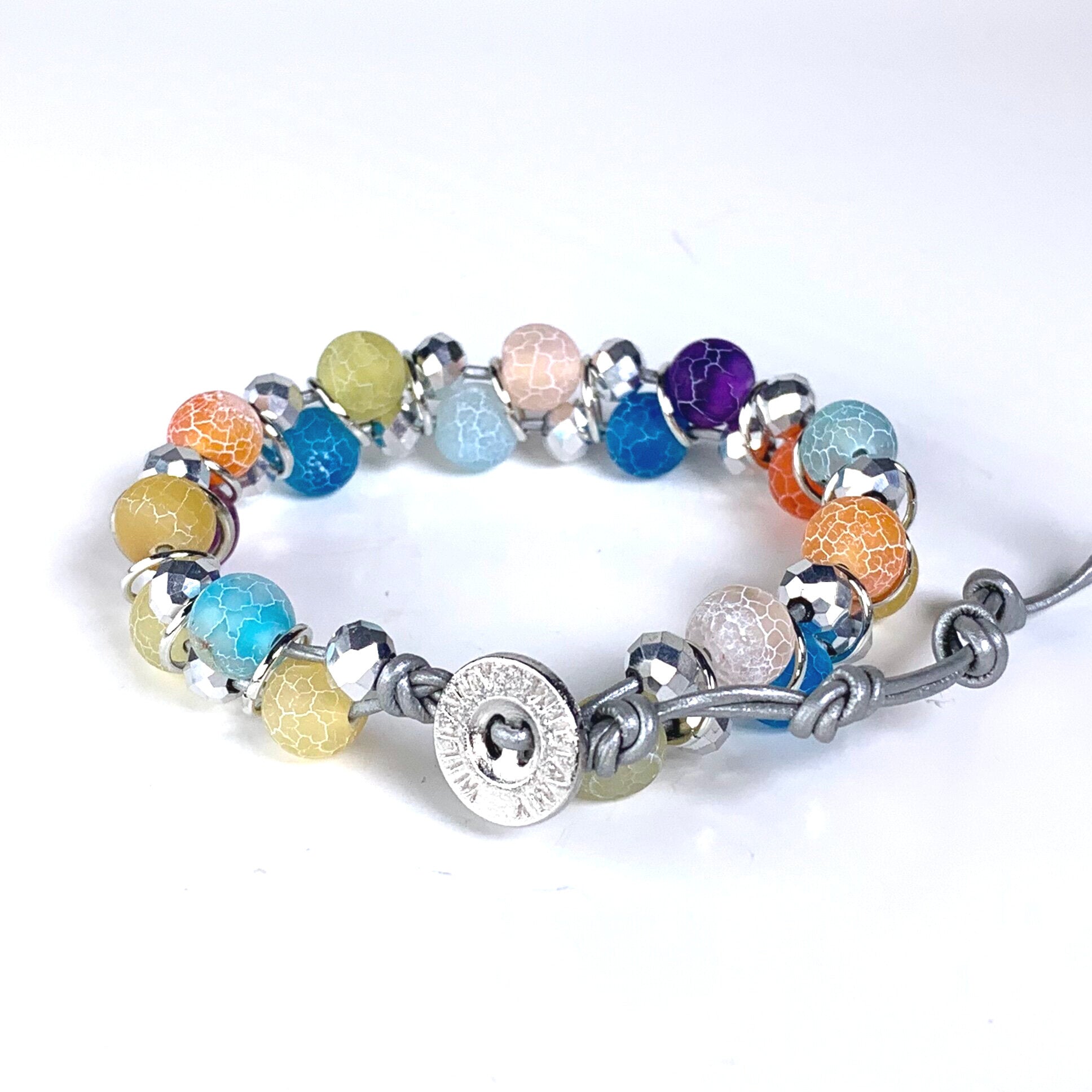 bracelet, stackable, semi-precious bracelet, leather wrap bracelet, multi-color bracelet, crystal bracelet, gemstone bracelet