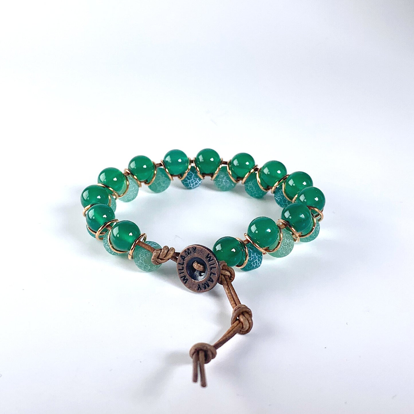 green stone bracelet, green bracelet, agate bracelet, willamy, willamy collection, beaded bracelet, wrap bracelet, leather bracelet, leather wrap bracelet, gemstone bracelet