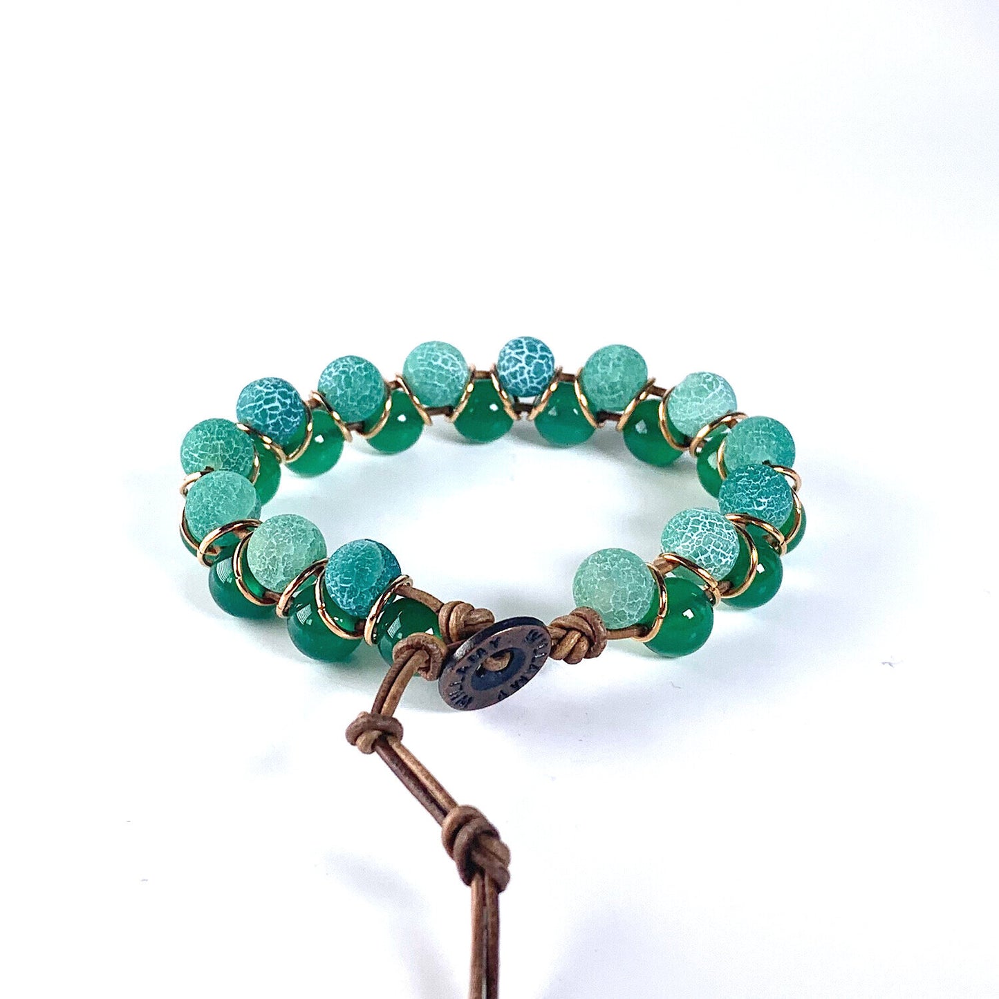 green stone bracelet, green bracelet, agate bracelet, willamy, willamy collection, beaded bracelet, wrap bracelet, leather bracelet, leather wrap bracelet, gemstone bracelet