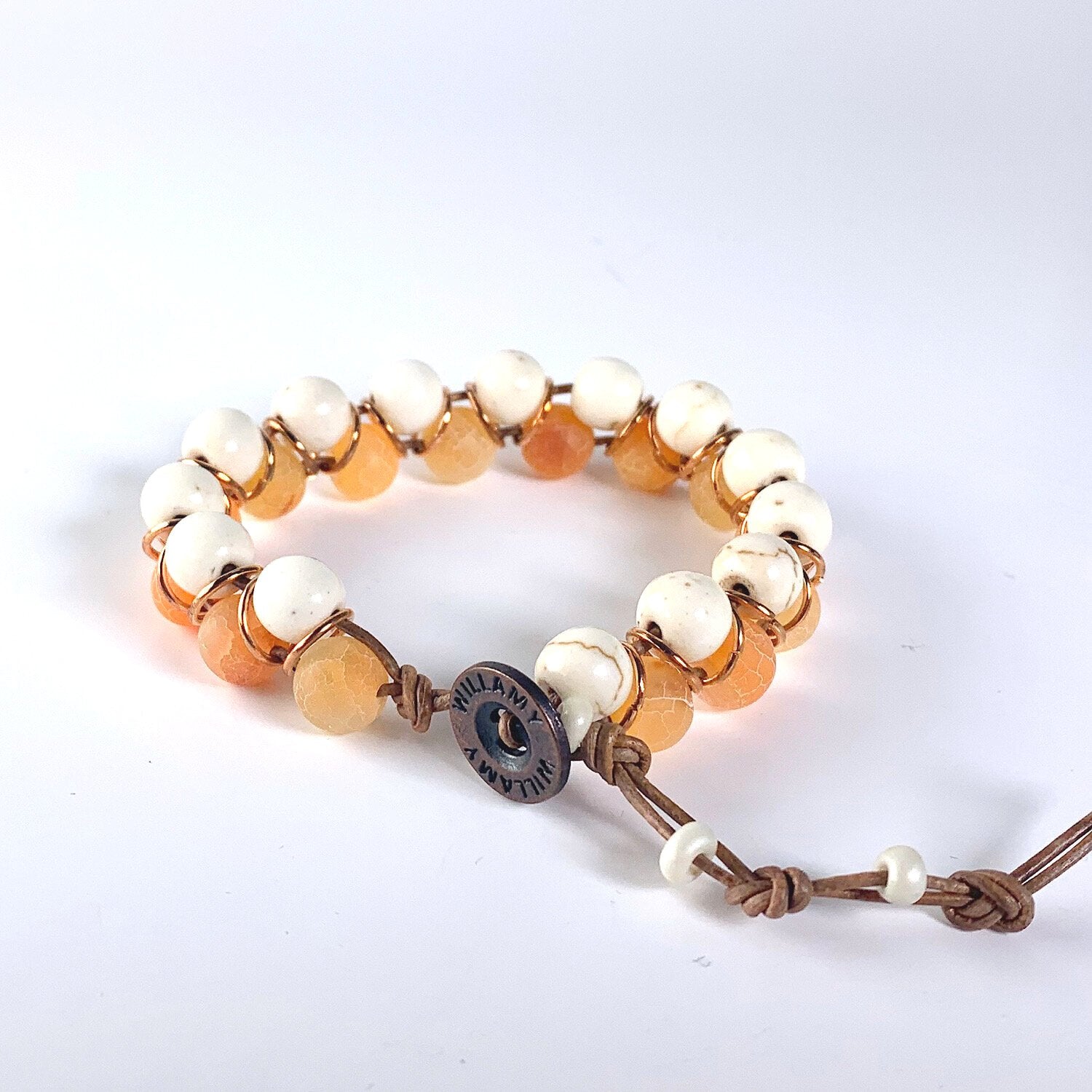 orange bracelet, spring bracelet, summer bracelet, beach bracelet, willamy, willamy collection, beaded bracelet, wrap bracelet, leather bracelet, leather wrap bracelet, gemstone bracelet