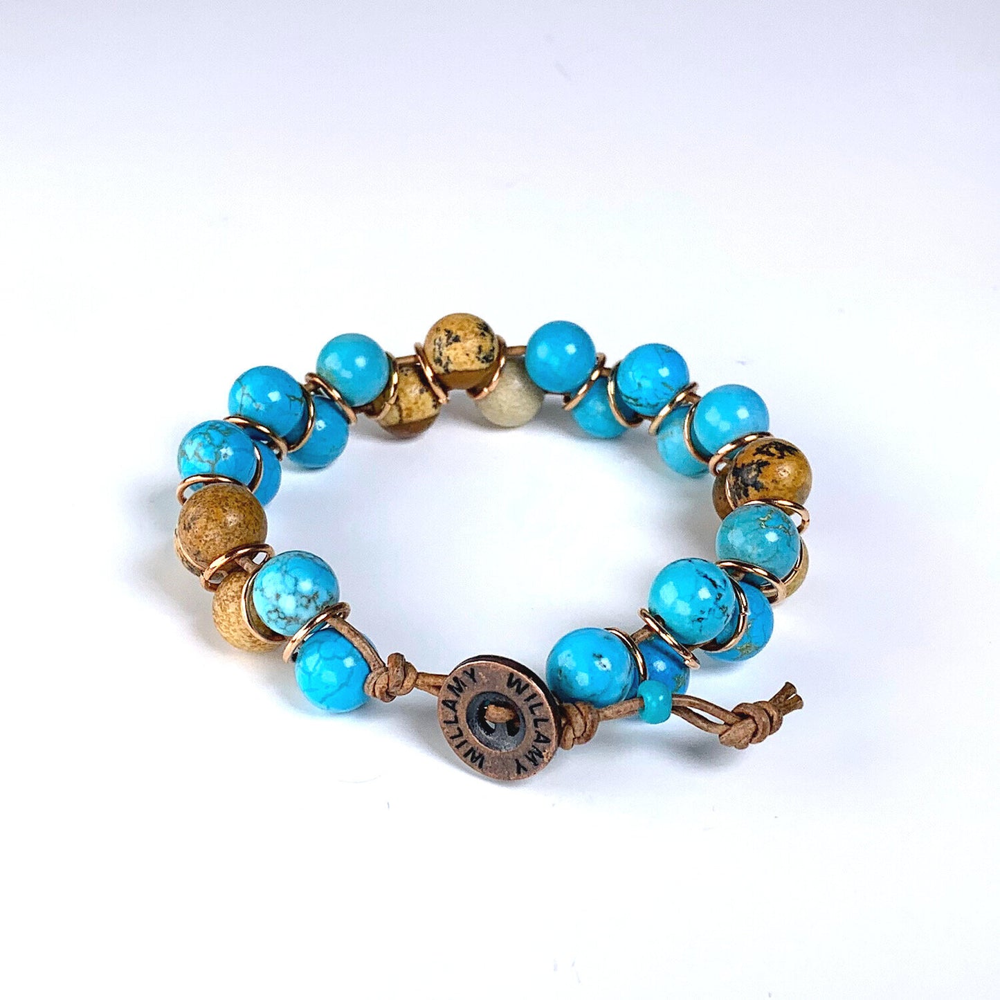 turquiose bracelet, picture jasper bracelet, willamy, willamy collection, beaded bracelet, wrap bracelet, leather bracelet, leather wrap bracelet, gemstone bracelet
