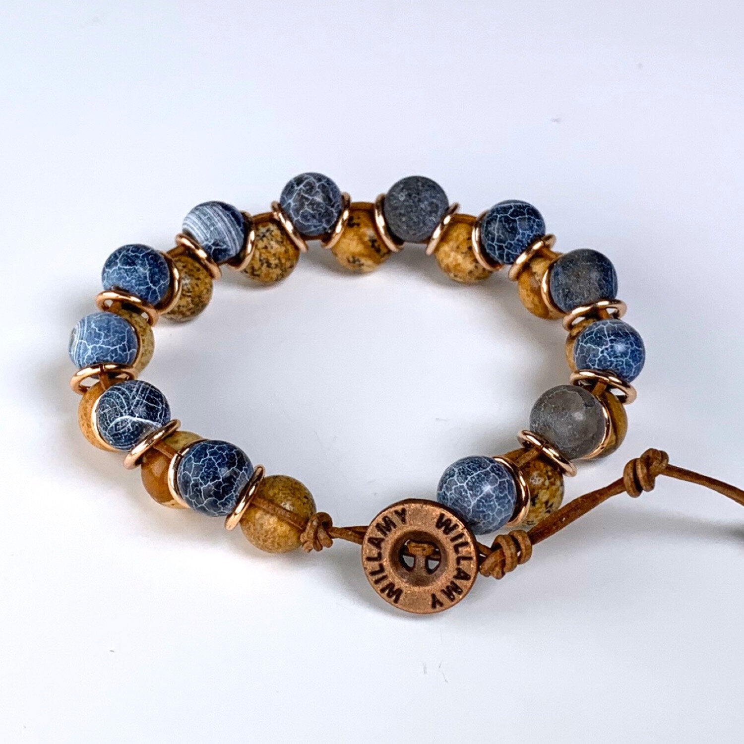blue beaded bracelet, blue bracelet, tigers eye bracelet,  willamy, willamy collection, beaded bracelet, wrap bracelet, leather bracelet, leather wrap bracelet, gemstone bracelet