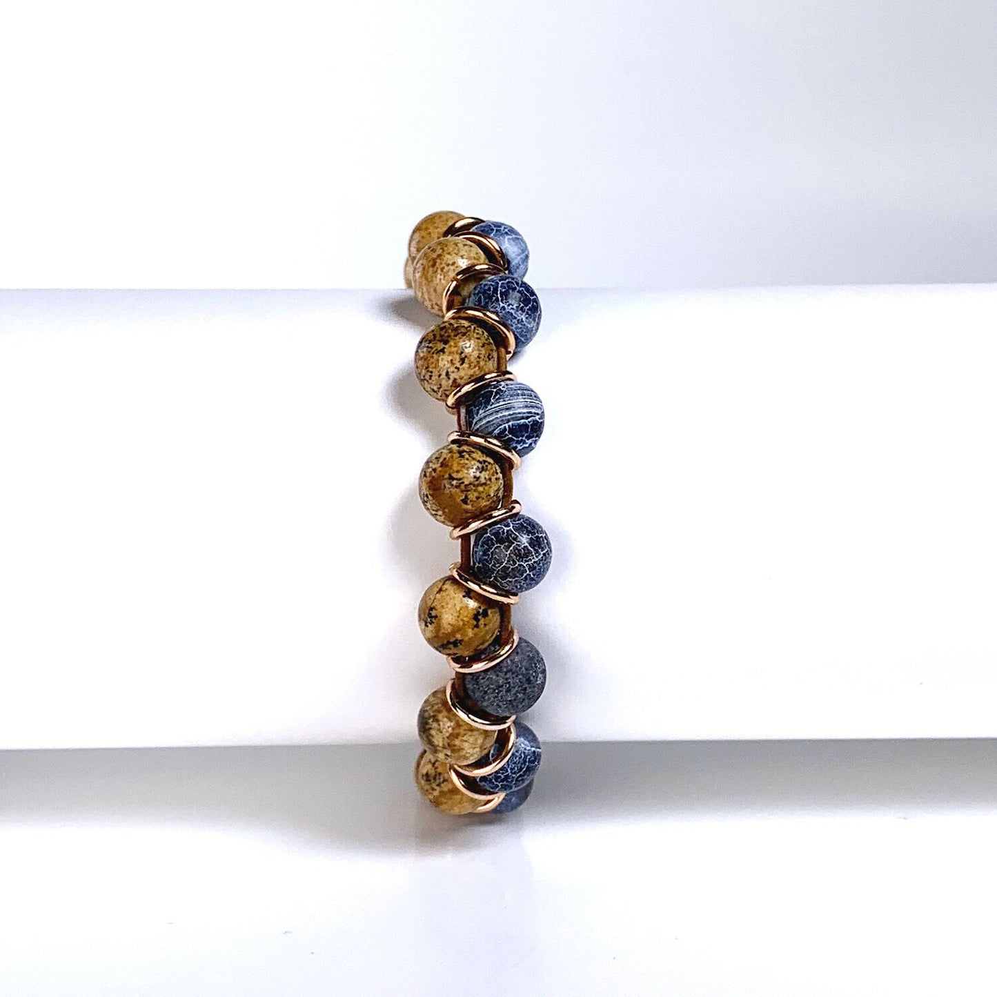 blue beaded bracelet, blue bracelet, tigers eye bracelet,  willamy, willamy collection, beaded bracelet, wrap bracelet, leather bracelet, leather wrap bracelet, gemstone bracelet