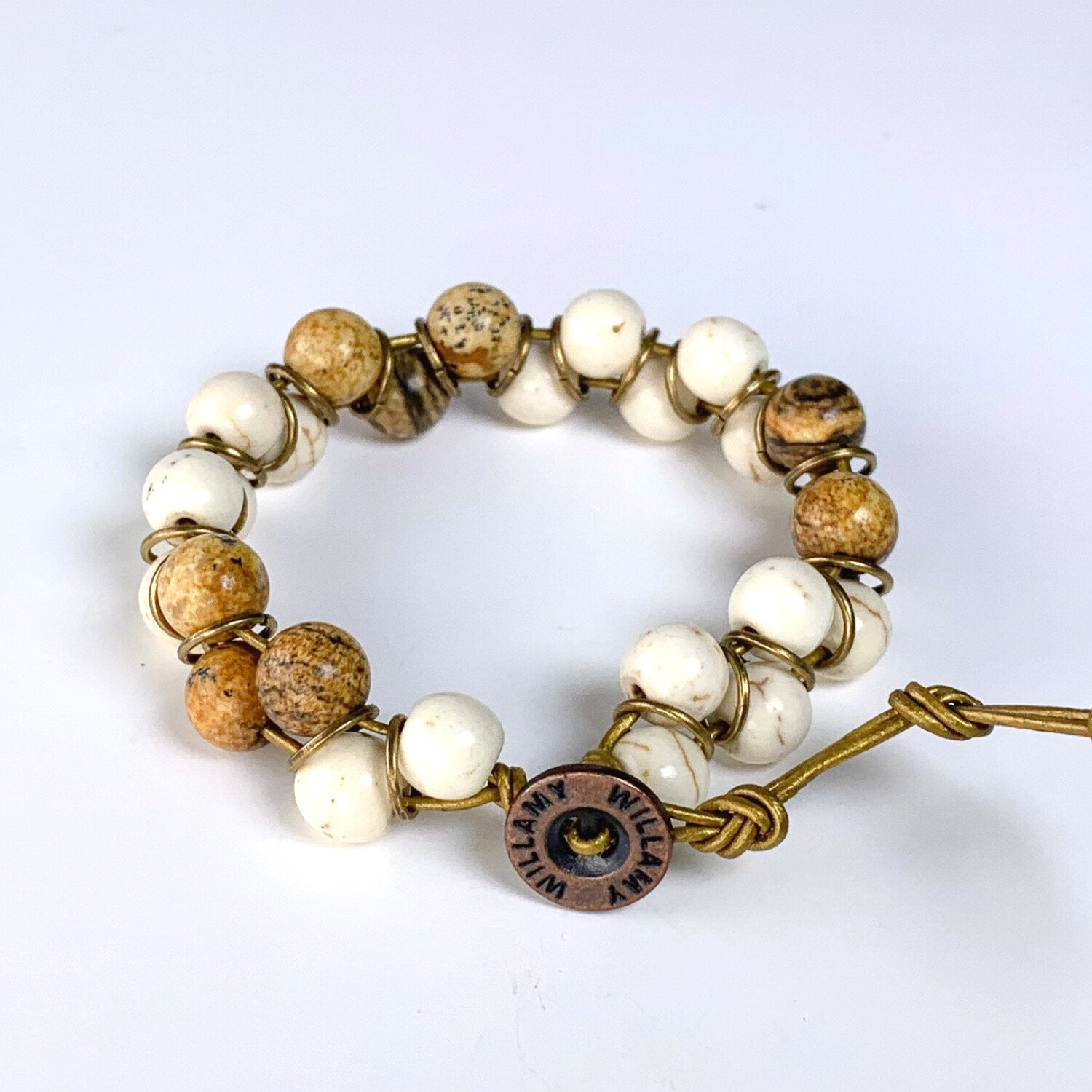 jasper stone bracelet, cream stone bracelet, howlite stone bracelet, willamy, willamy collection, beaded bracelet, wrap bracelet, leather bracelet, leather wrap bracelet, gemstone bracelet