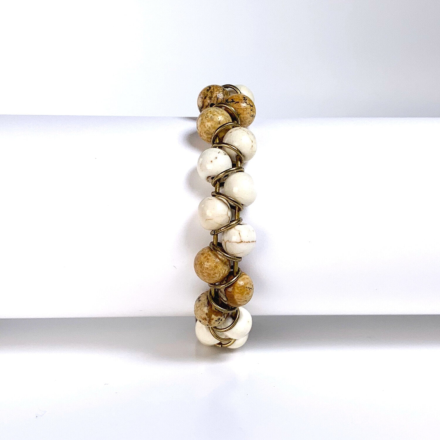 jasper stone bracelet, cream stone bracelet, howlite stone bracelet, willamy, willamy collection, beaded bracelet, wrap bracelet, leather bracelet, leather wrap bracelet, gemstone bracelet