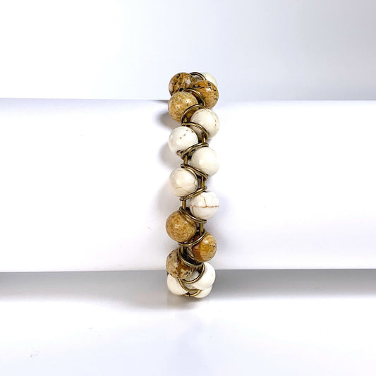 jasper stone bracelet, cream stone bracelet, howlite stone bracelet, willamy, willamy collection, beaded bracelet, wrap bracelet, leather bracelet, leather wrap bracelet, gemstone bracelet
