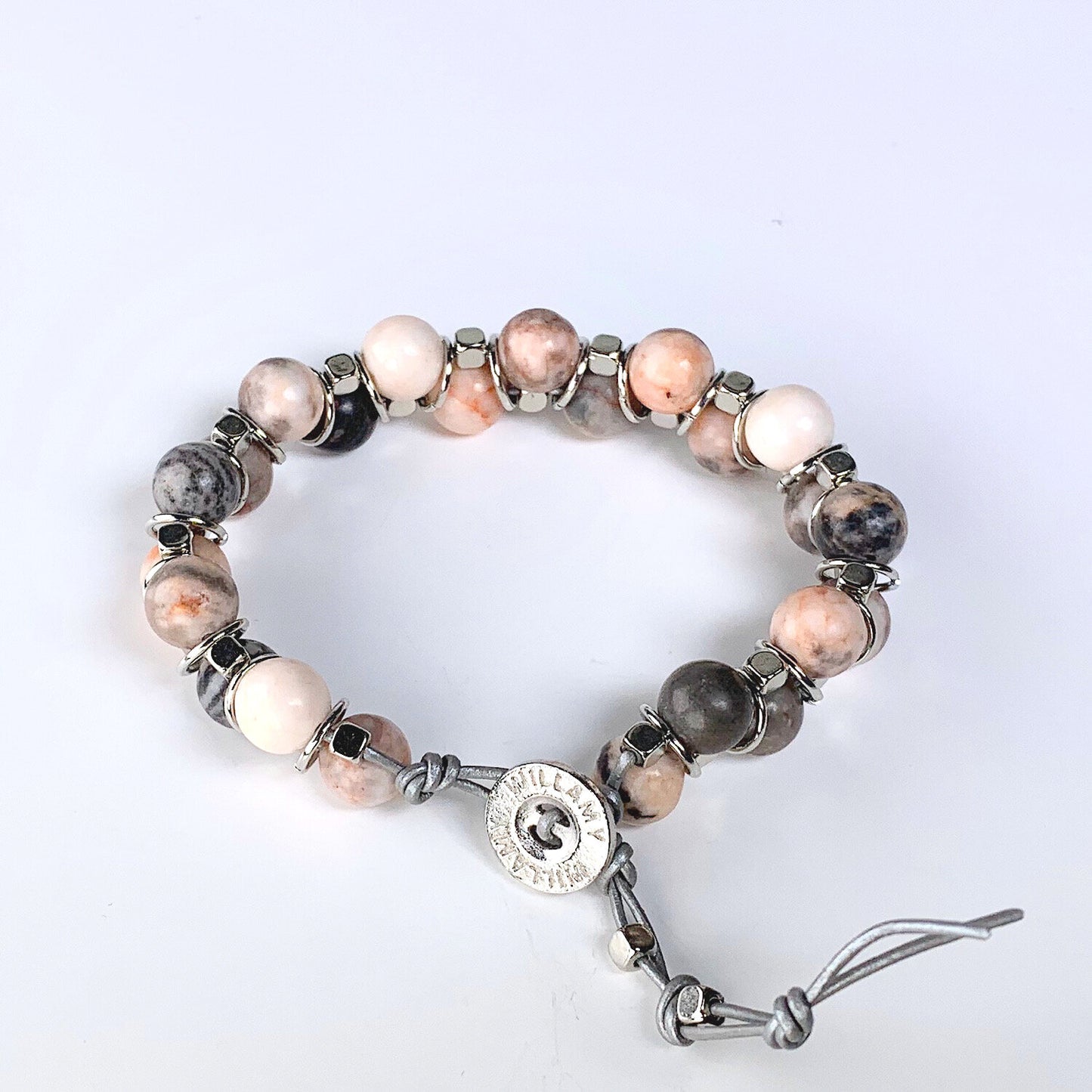 pink stone bracelet, gray stone bracelet, willamy, willamy collection, beaded bracelet, wrap bracelet, leather bracelet, leather wrap bracelet, gemstone bracelet