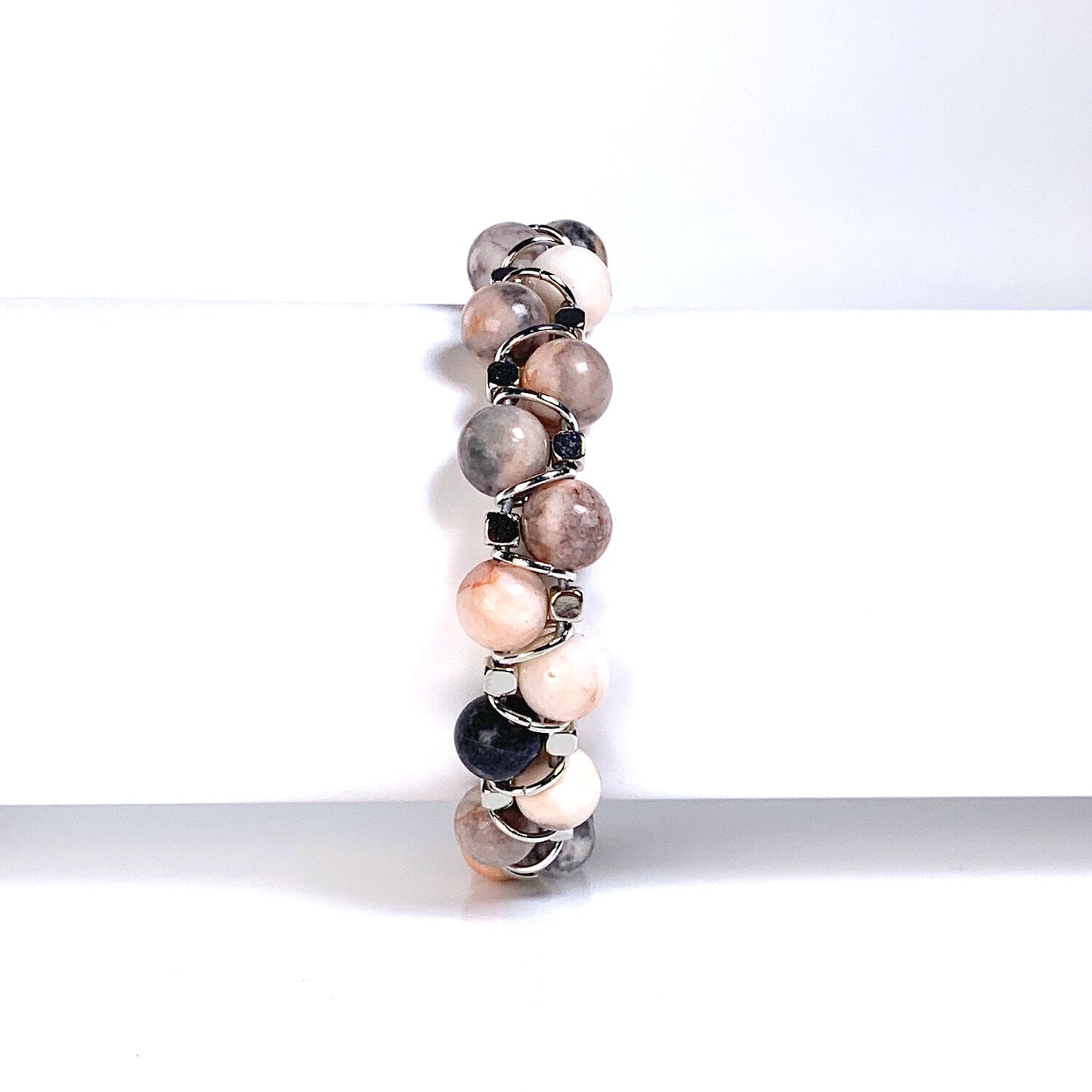 pink stone bracelet, gray stone bracelet, willamy, willamy collection, beaded bracelet, wrap bracelet, leather bracelet, leather wrap bracelet, gemstone bracelet