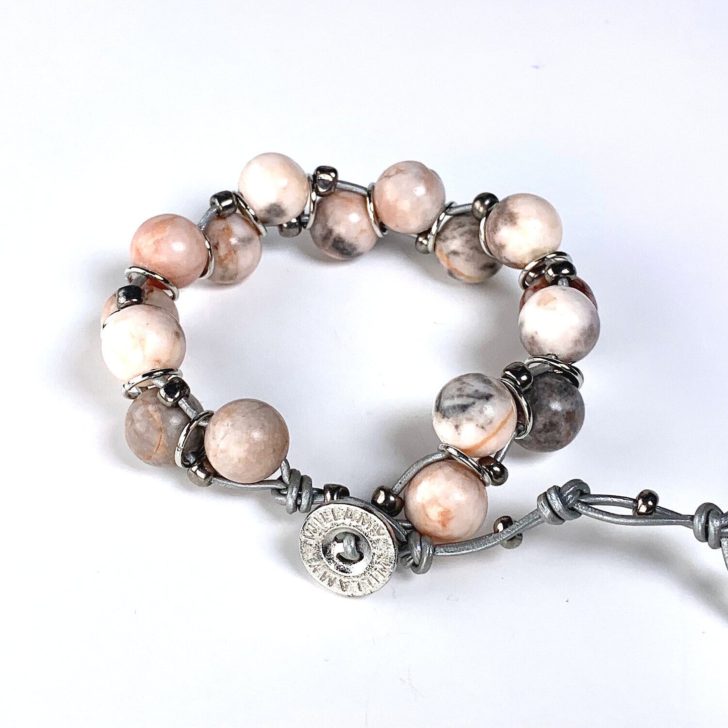 pink jasper bracelet, pink bracelet, willamy, willamy collection, beaded bracelet, wrap bracelet, leather bracelet, leather wrap bracelet, gemstone bracelet