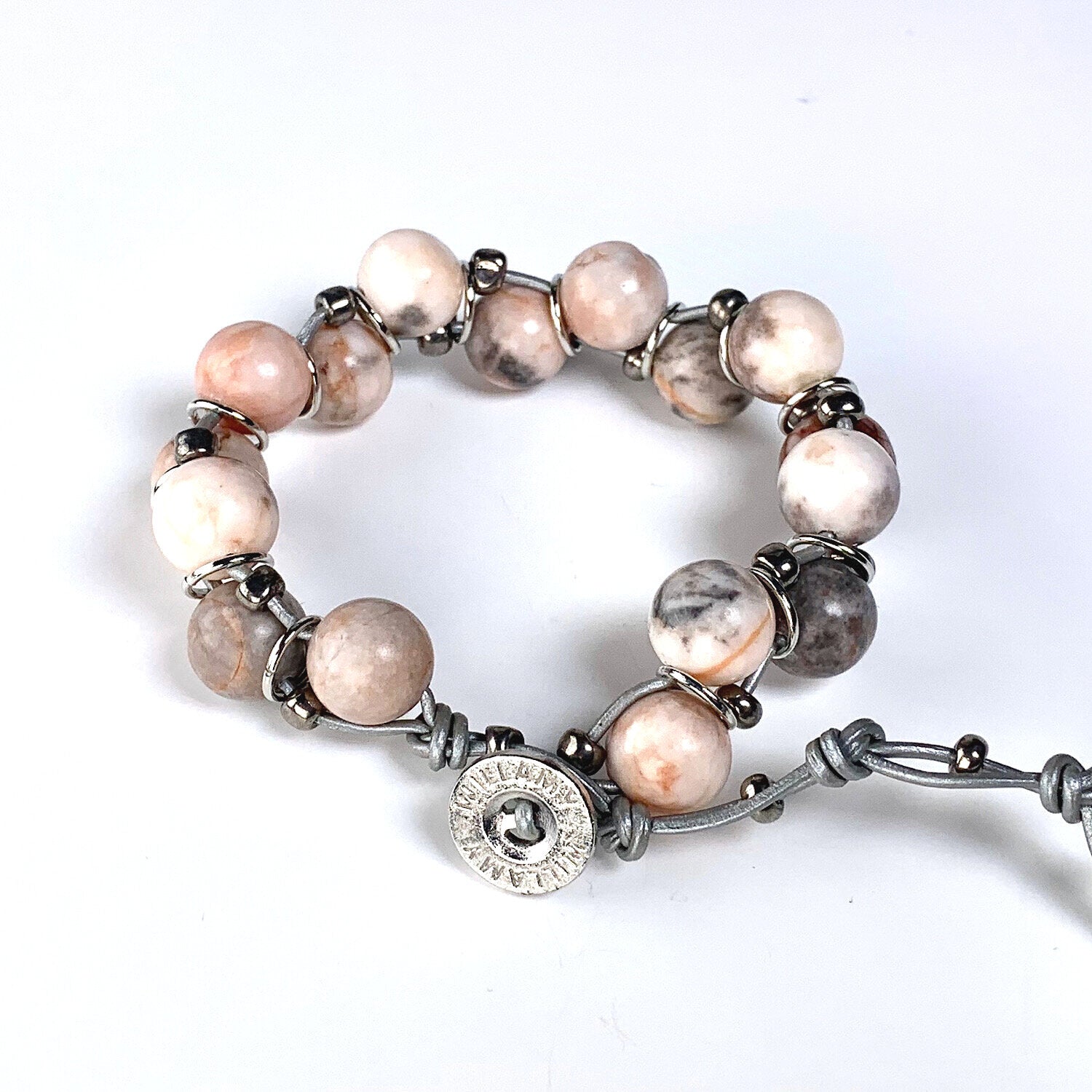 pink jasper bracelet, pink bracelet, willamy, willamy collection, beaded bracelet, wrap bracelet, leather bracelet, leather wrap bracelet, gemstone bracelet