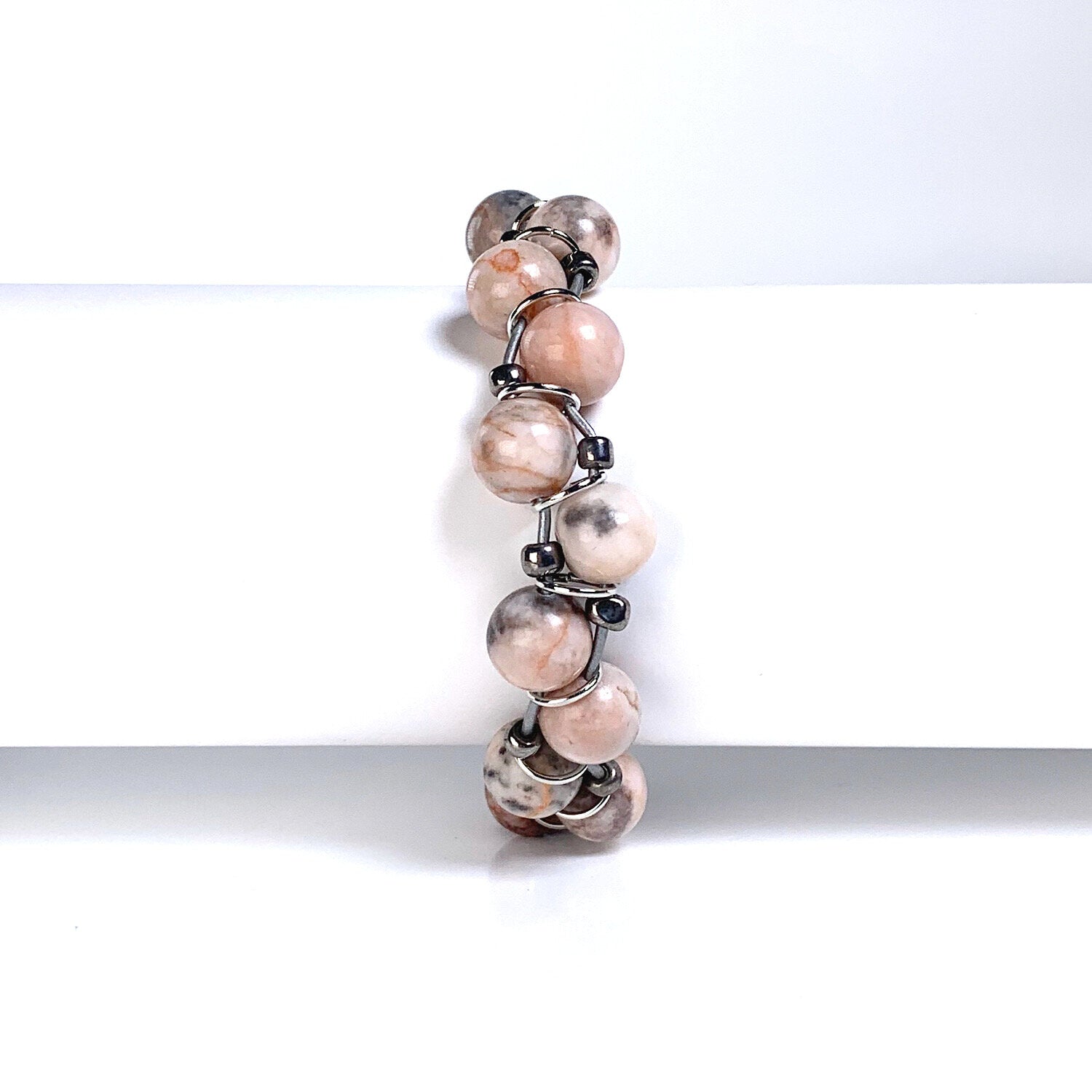 pink jasper bracelet, pink bracelet, willamy, willamy collection, beaded bracelet, wrap bracelet, leather bracelet, leather wrap bracelet, gemstone bracelet