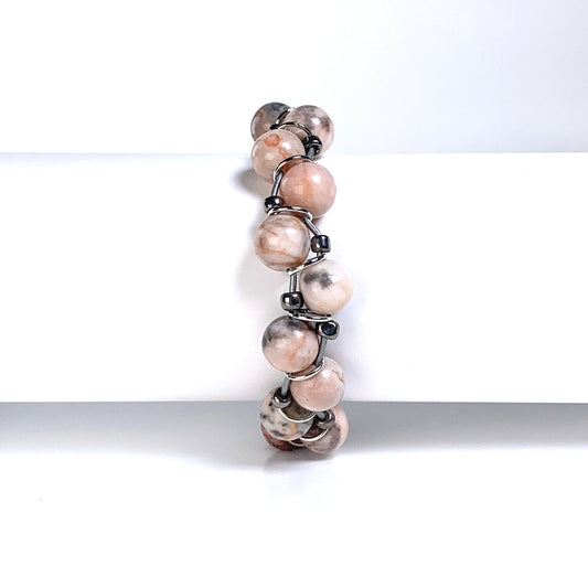 pink jasper bracelet, pink bracelet, willamy, willamy collection, beaded bracelet, wrap bracelet, leather bracelet, leather wrap bracelet, gemstone bracelet