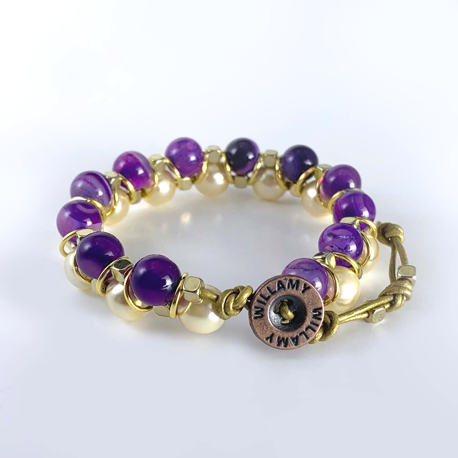 purple bracelet, purple stone bracelet, pearl, pearl bracelet, pearl jewelry, willamy, willamy collection, beaded bracelet, crystal bracelet, wrap bracelet, leather bracelet, leather wrap bracelet