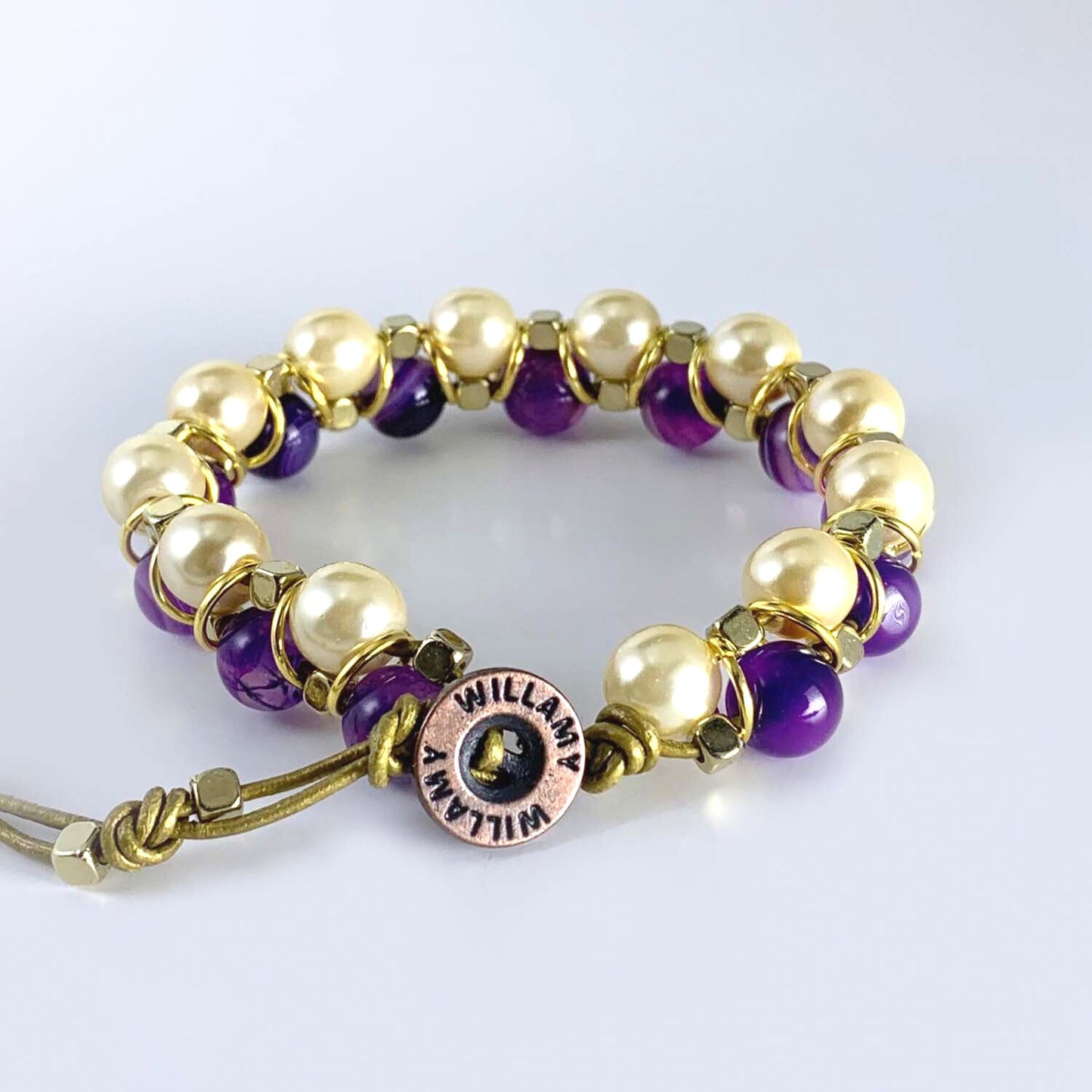 purple bracelet, purple stone bracelet, pearl, pearl bracelet, pearl jewelry, willamy, willamy collection, beaded bracelet, crystal bracelet, wrap bracelet, leather bracelet, leather wrap bracelet