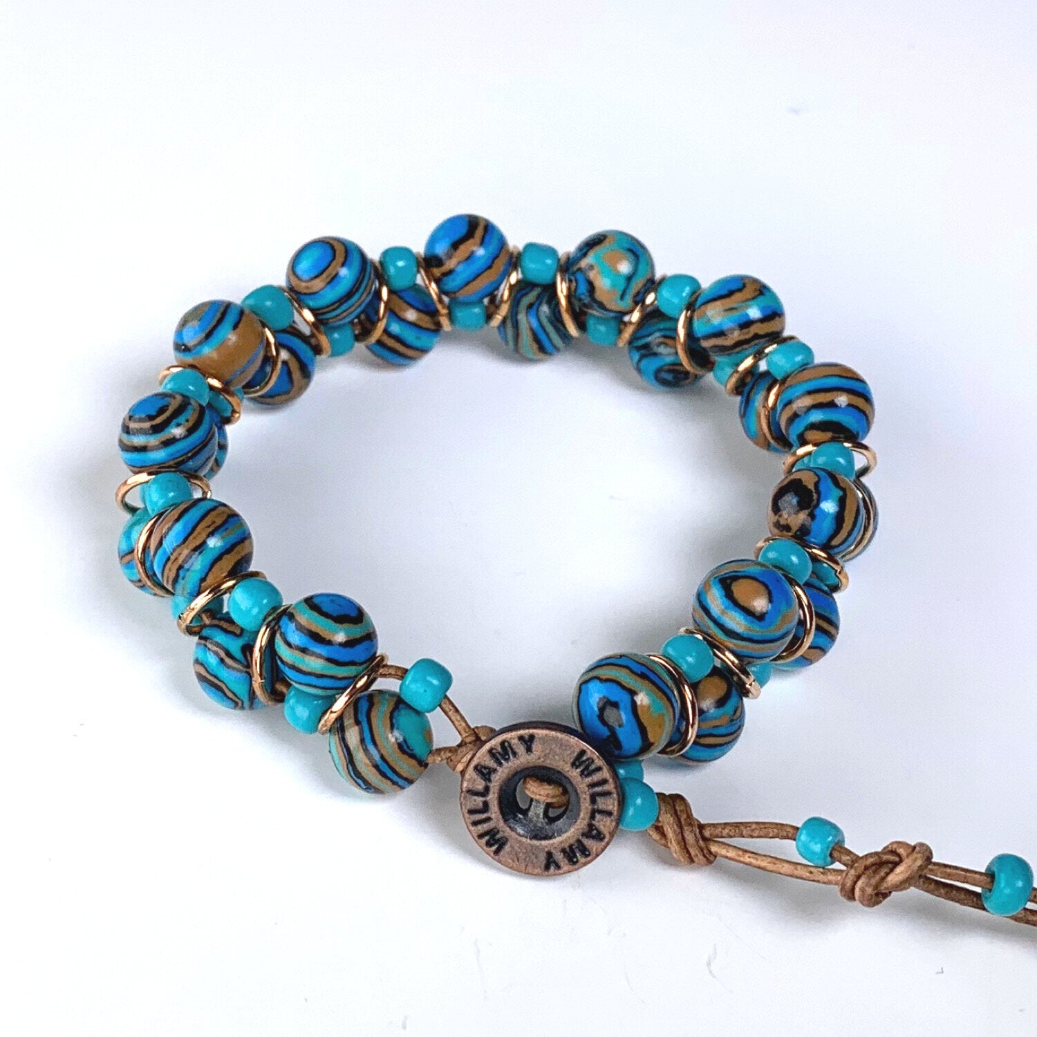 peacock stone bracelet, blue stone bracelet, willamy, willamy collection, beaded bracelet, wrap bracelet, leather bracelet, leather wrap bracelet, gemstone bracelet